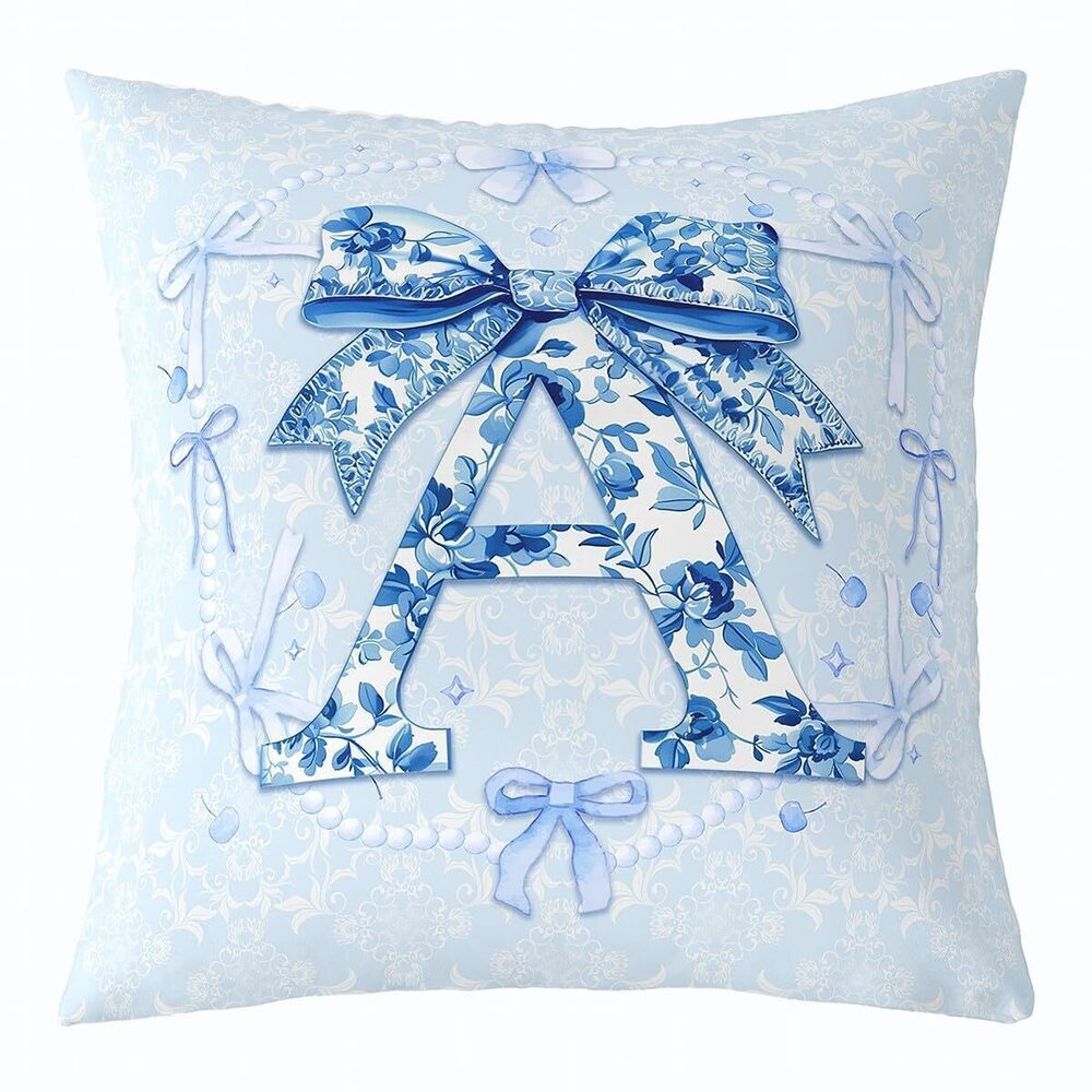 9371 Cute Blue Bow Pillow Cover Preppy Coquette Bows Throw Pillow Cover